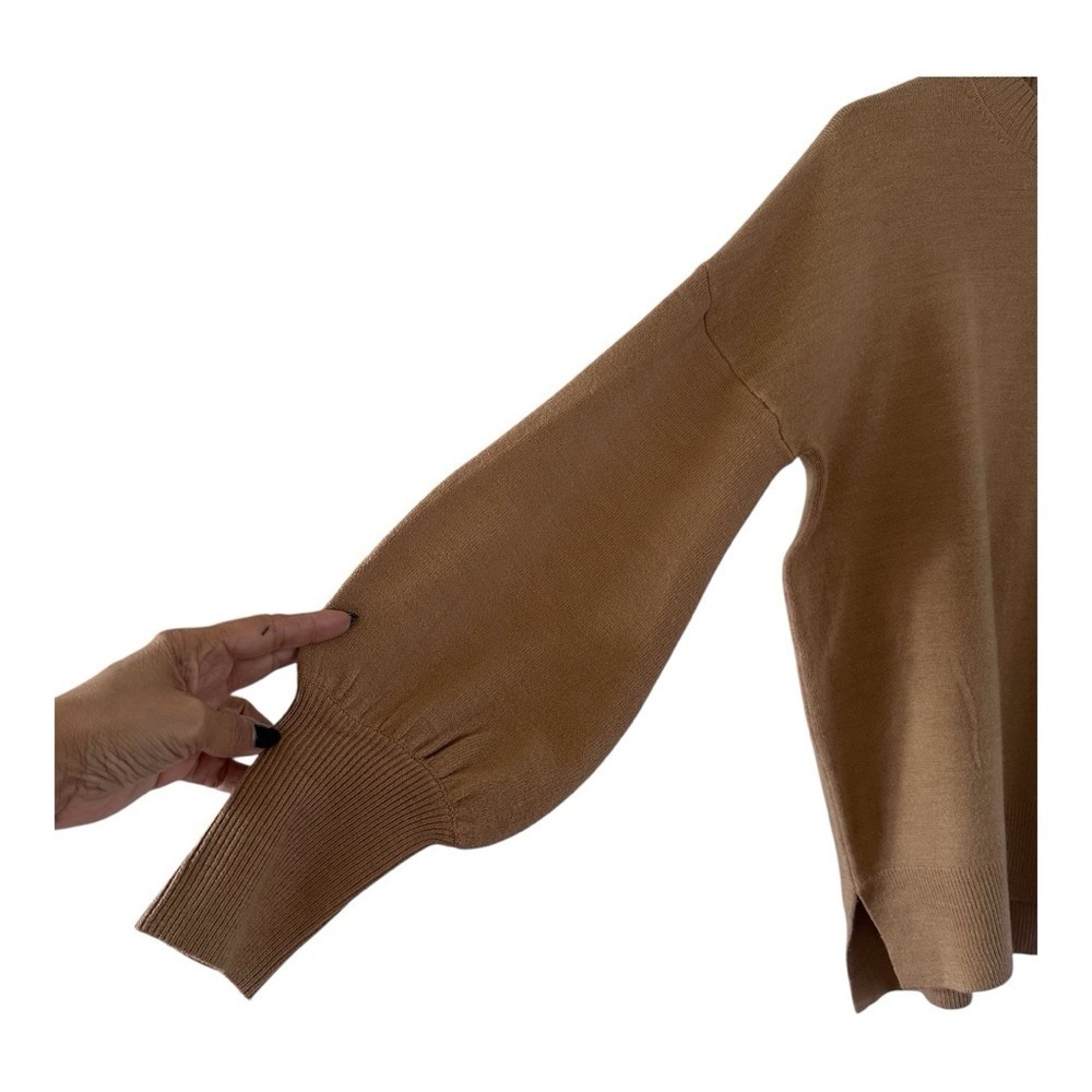 FRENCH CONNECTION Camel Crew Neck Sweater Balloon Sleeves & slits at hem small - Picture 4 of 8